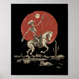 Affiche Howdy Western Cowboy Skeleton Riding Horse Vintage