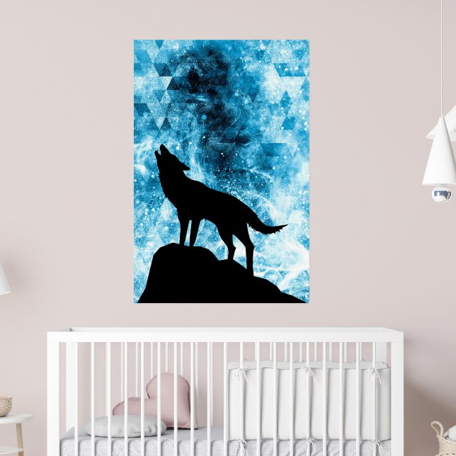 Affiche Howling Winter Wolf snowy blue smoke Abstract (Pépinière 2)