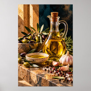 Affiche Huile d'olive dorée avec olives et ail – Rustique 