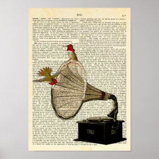 Affiche Hummingbirds à un Gramophone, mignonne Vintage