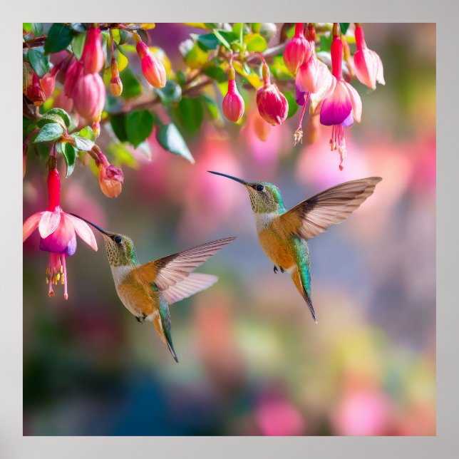 Affiche Hummingbirds Fuchsia Flowers Iridescent Dance (Devant)