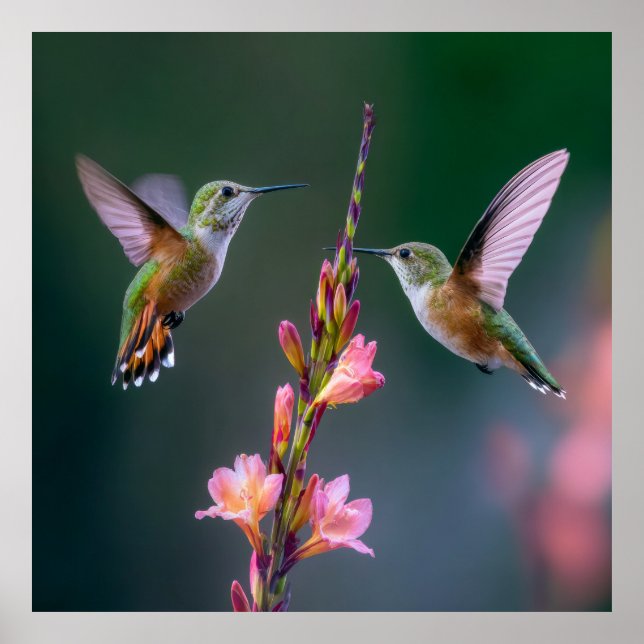 Affiche Hummingbirds Gladiolus Flowers Iridescent Pair (Devant)