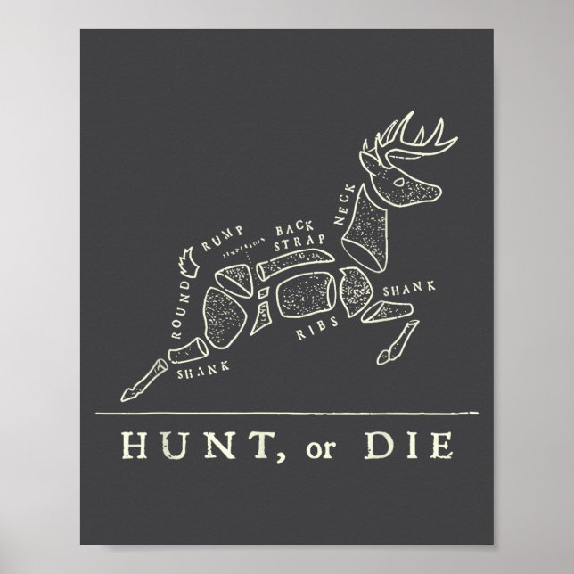 Affiche Hunt Or Die Funny Hunting Quote Deer Butcher Chart (Devant)