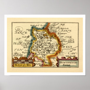 Affiche Huntingdonshire Comté Angleterre Ancienne carte An