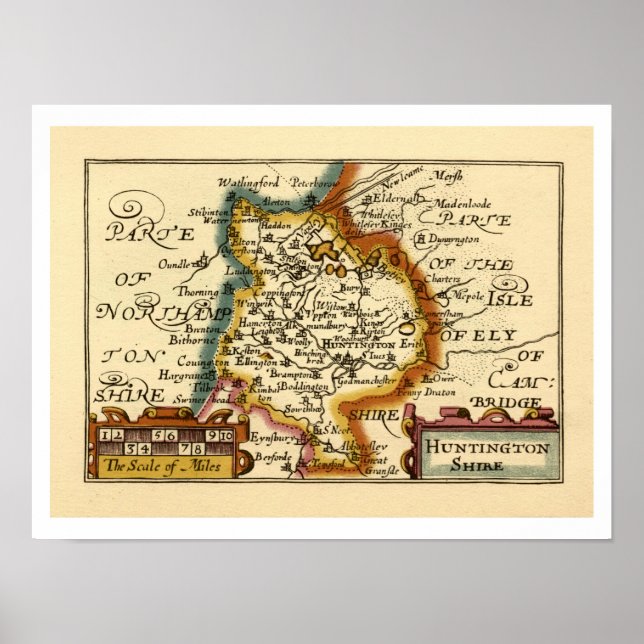 Affiche Huntingdonshire Comté Angleterre Ancienne carte An (Devant)