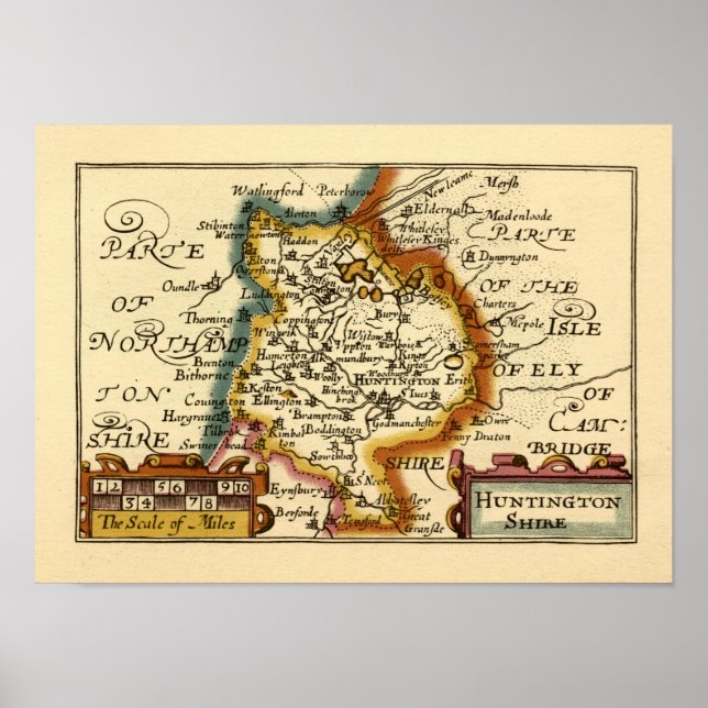 Affiche Huntingdonshire Comté Angleterre Ancienne carte An (Devant)