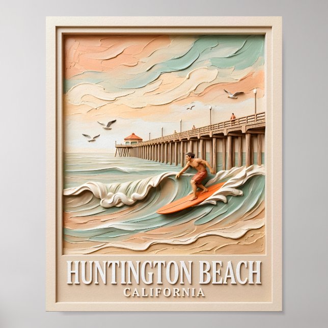 Affiche Huntington Beach Californie Texture Surfeur Surfan (Devant)