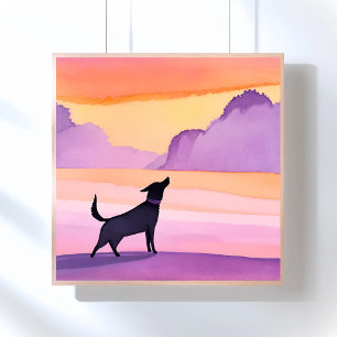 Affiche Hurlement de chien Silhouette aquarelle de chien
