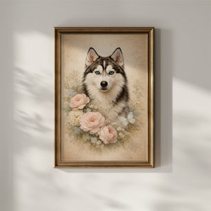 Affiche Husky sibérien avec des roses