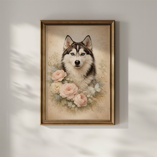 Affiche Husky sibérien avec des roses (Créateur téléchargé)