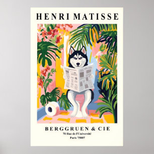 Affiche Husky sibérien sur toilettes Art - Style Matisse