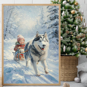 Affiche Husky tire un enfant sur une traîne