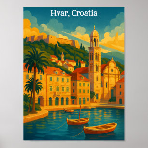 Affiche Hvar Croatie Coloré Voyage Artistique Vintage