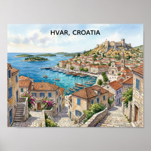 Affiche Hvar Croatie Vue panoramique à l'aquarelle Voyage