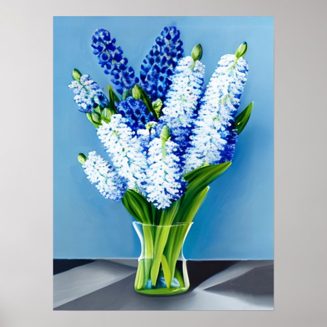 Affiche Hyacinthes blancs dans un vase en verre sur bleu (Devant)