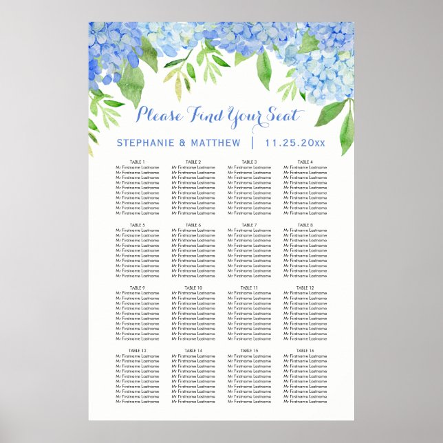 Affiche Hydrangea Aquarelle Floral Mariage Carte de siège (Devant)