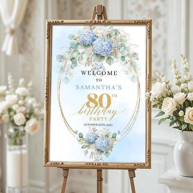 Affiche Hydrangea Bleu Poussiéreux Floral Boho 80e anniver (Dusty Blue Hydrangea Boho Floral 80th birthday welcome)
