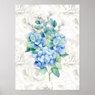 Affiche Hydrangea Bleue Fond Floral Ivoire Botanique