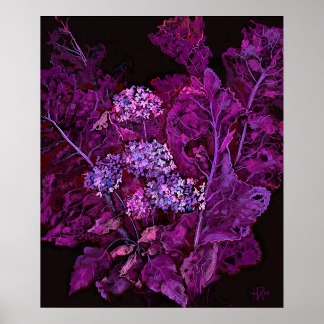 Affiche Hydrangea et Horseradish Floral Art noir violet (Devant)