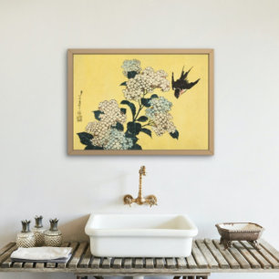 Affiche Hydrangea Et Swallow Vintage Art Japonais
