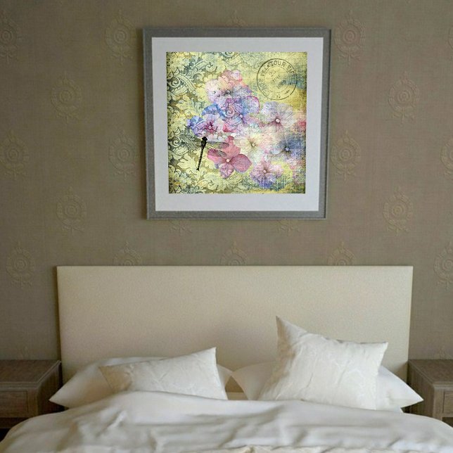 Affiche Hydrangea Libellule Cachet Grunge (Créateur téléchargé)