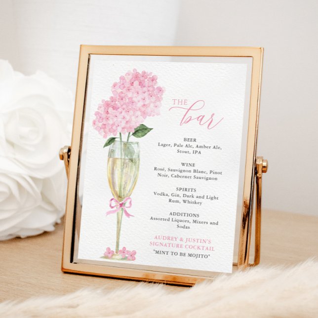 Affiche Hydrangea rose dans le menu du bar en verre doré (Créateur téléchargé)