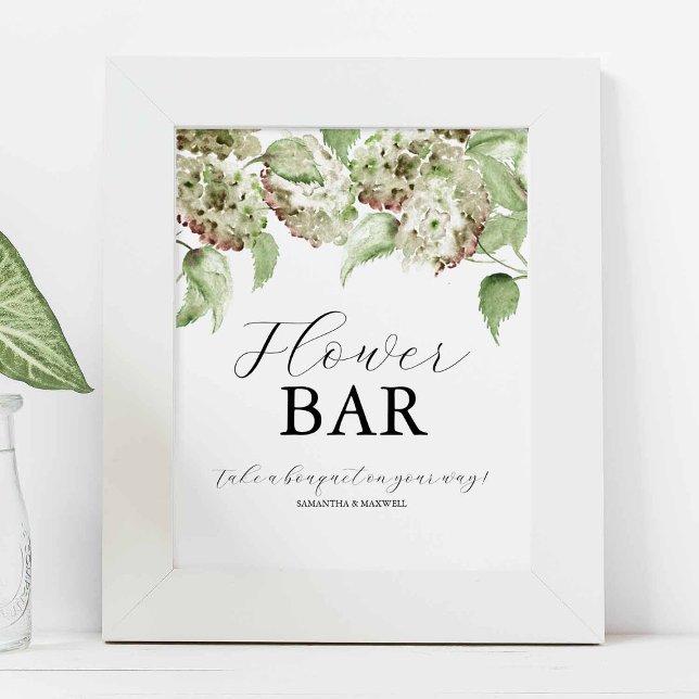 Affiche Hydrangea Wedding Flower Bar Signs (Flower bar sign watercolor hydrangea art by Victoria Grigaliunas of Do Tell A Belle)