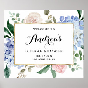 Affiche Hydrangeas Aquarelle Bleue Mariage Fête avec Feuil