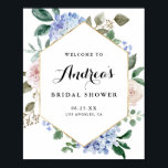 Affiche Hydrangeas Aquarelle Bleue Mariage Fête avec Feuil<br><div class="desc">Accueillez vos invités avec ce panneau de bienvenue personnalisable élégant pour la fête de mariage. Il présente des hydrangeas bleus aquarelle, des pivoines pastel, des feuilles d'eucalyptus, de la verdure et un cadre en feuille d'or faux. Personnalisez ce panneau de bienvenue botanique en ajoutant les détails de votre événement. Ce...</div>