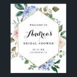Affiche Hydrangeas Aquarelle Bleue Mariage Fête avec Feuil<br><div class="desc">Accueillez vos invités avec ce panneau de bienvenue personnalisable élégant pour la fête de mariage. Il présente des hydrangeas bleus aquarelle, des pivoines pastel, des feuilles d'eucalyptus, de la verdure et un cadre en feuille d'or faux. Personnalisez ce panneau de bienvenue botanique en ajoutant les détails de votre événement. Ce...</div>