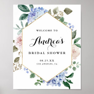 Affiche Hydrangeas Aquarelles Bleues Mariage Shower Gold F