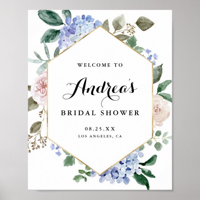 Affiche Hydrangeas Aquarelles Bleues Mariage Shower Gold F (Devant)