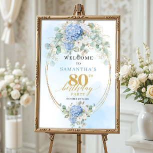 Affiche Hydrangeas Bleu Clair Or 80e anniversaire de bienv