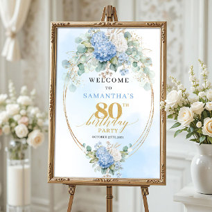 Affiche Hydrangeas Bleu Poussiéreux Bohème Or 80e annivers
