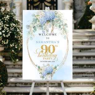 Affiche Hydrangeas Bleus Doux Boho Bienvenue 90e anniversa