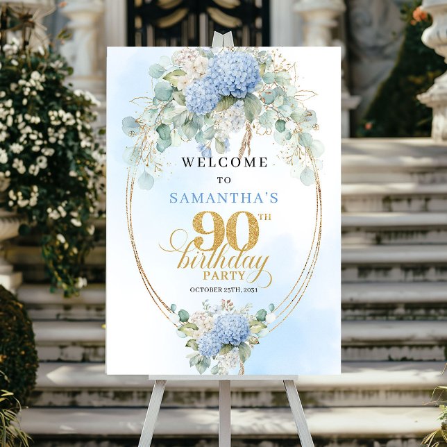 Affiche Hydrangeas Bleus Doux Boho Bienvenue 90e anniversa (Soft Blue Hydrangeas Boho 90th birthday welcome)