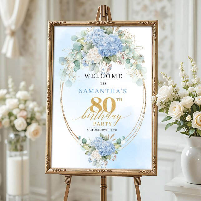 Affiche Hydrangeas Bohème Charme Bleu Poussiéreux 80e anni (Boho Hydrangeas Dusty Blue Charm 80th birthday welcome)