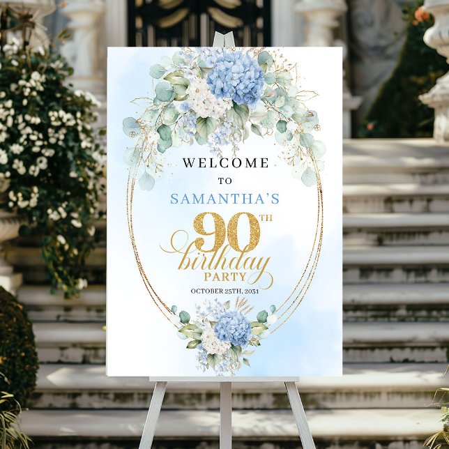 Affiche Hydrangeas Pastel Classiques Or 90 Anniversaire Bi (Classic Pastel Hydrangeas Gold 90th Birthday Welcome)