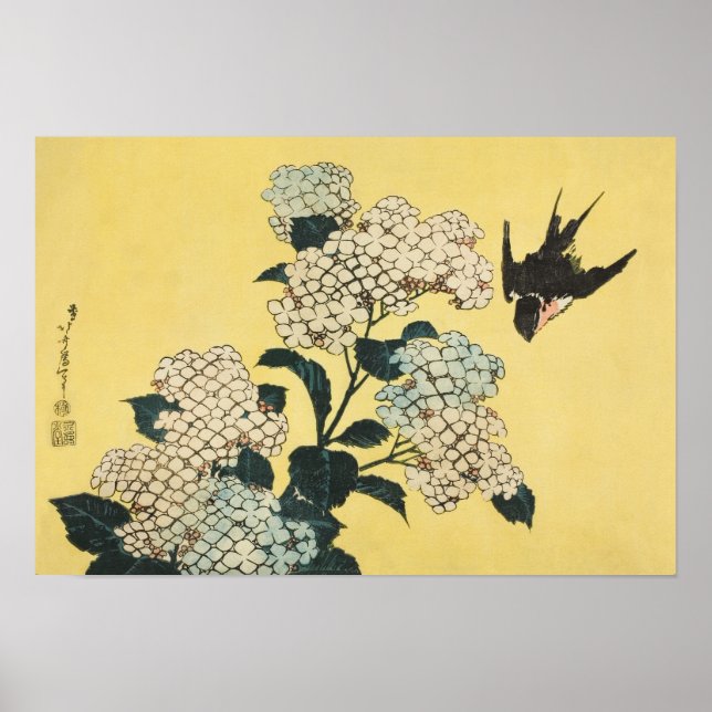 Affiche Hydrangée et hirondelle par Katsushika Hokusai (Devant)