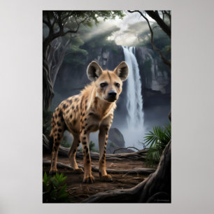 Affiche hyène tachetée par cascade forestière