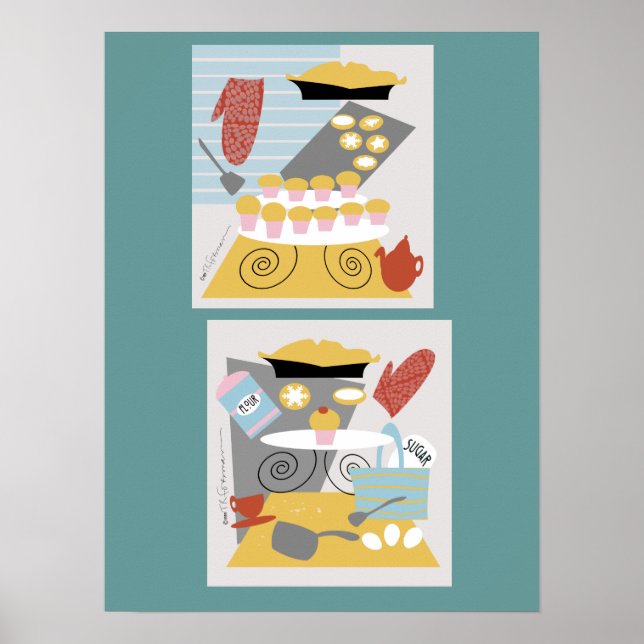 Affiche 'I bake' 2 illustrations rétro Imprimer (Devant)