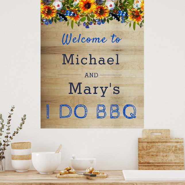 Affiche I DO BBQ Floral Bois Monogramme Fiançailles Bienve (Cuisine)