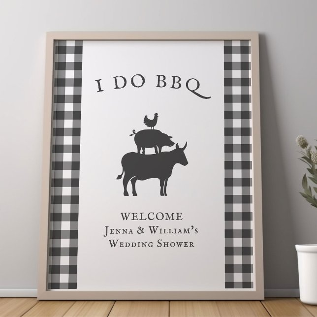 Affiche I Do BBQ Rustique Agritourisme Gris Plaid Accueil (I Do BBQ editable welcome poster from my Rustic Farmhouse BBQ Bridal Shower)