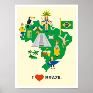 Affiche I Love Brazil Art Vintage voyage Illustration
