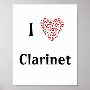Affiche I Love Clarinet Red Heart of Music Notes
