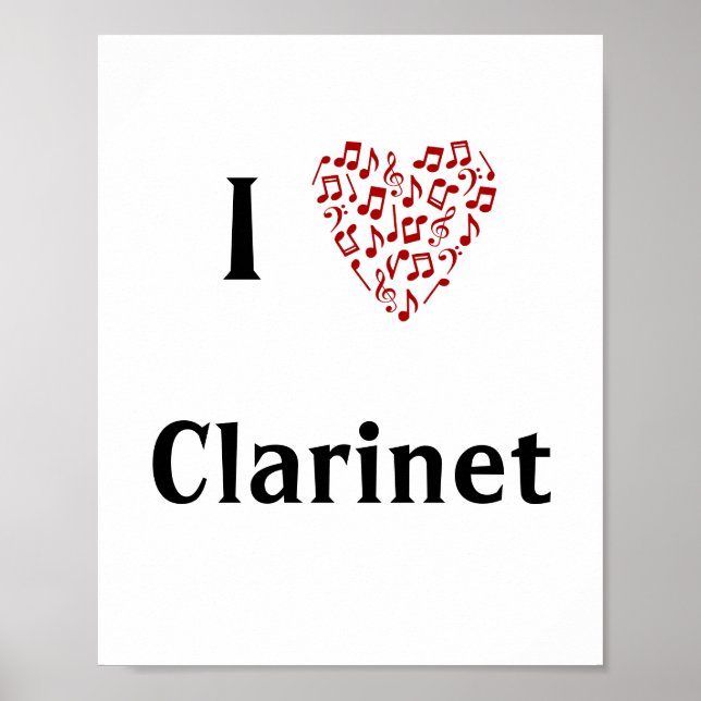 Affiche I Love Clarinet Red Heart of Music Notes (Devant)