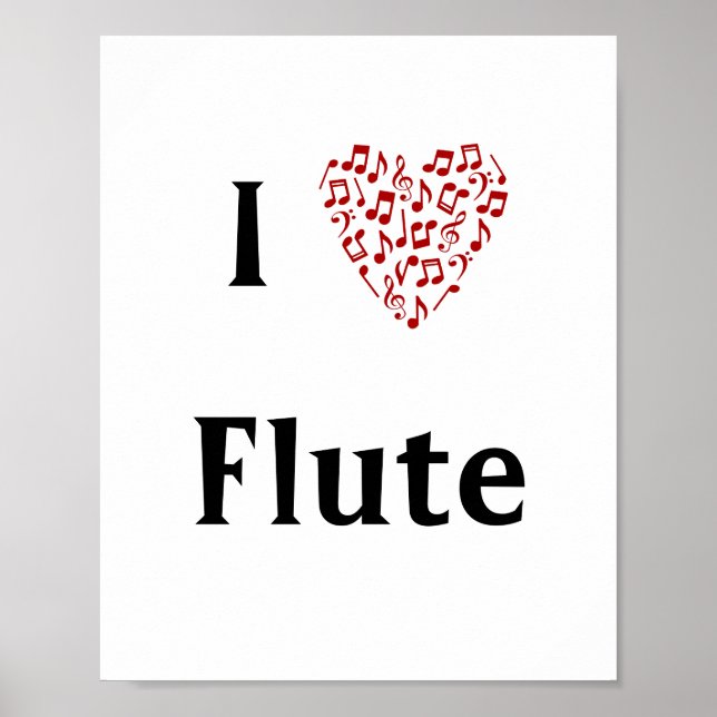 Affiche I Love Flute Red Heart of Music Notes (Devant)