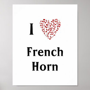 Affiche I Love French Horn Red Heart of Music Notes