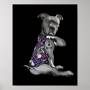 Affiche I Love Maman Funny Pitbull Chien Tatouage Fleur Mè