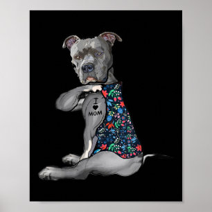 Affiche I Love Maman Funny Pitbull Chien Tatouage Fleur Mè